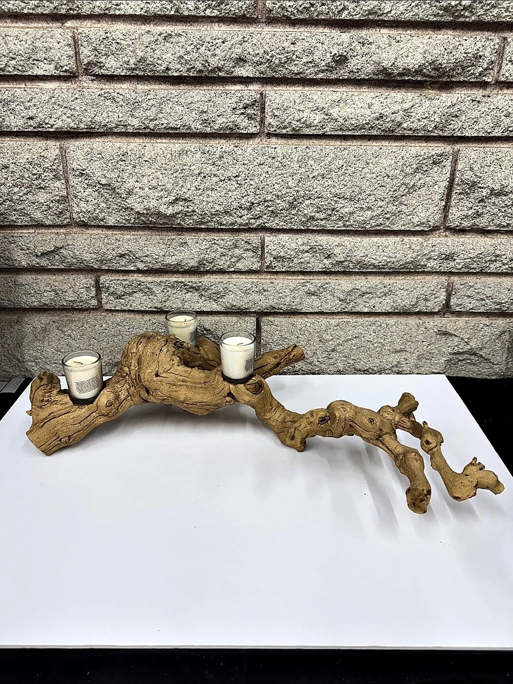 Large 24” Natural Grapevine Root Wood 3-Votive Candle Holder – Gold Rustic Decor